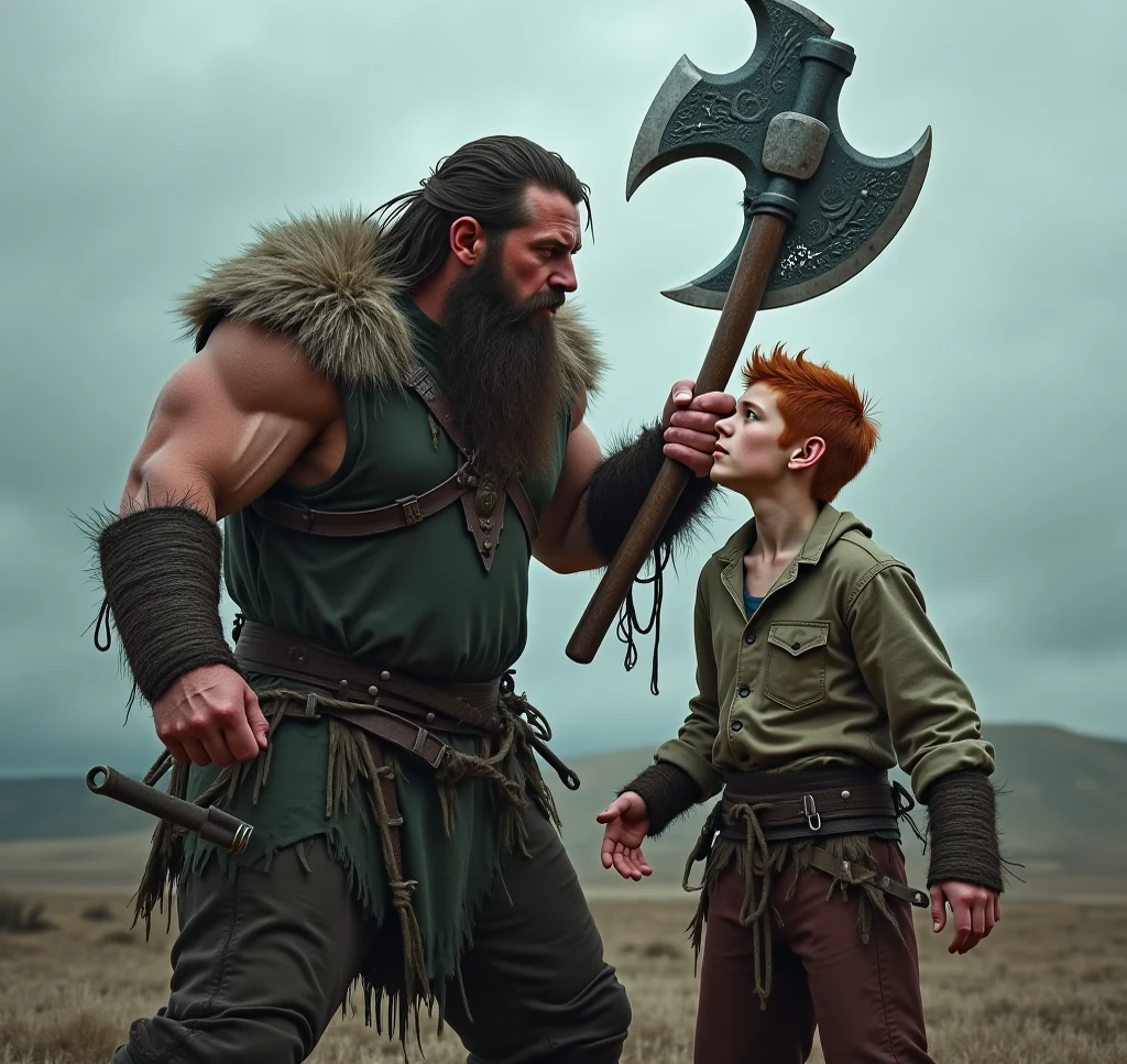 18 year old male, red hair and thin body only wearing jeans and sneakers, another man with long, platinum hair, muscular and hairy body, henry cavill in animal leather pants and boots fighting 12th century knights in a dark forest