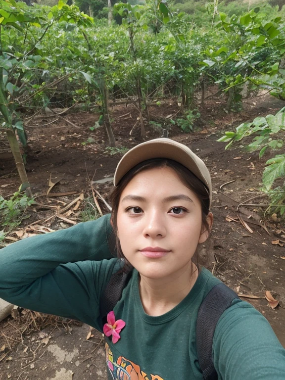 woman, dark brown thai sbai,Cry a little,holding a fruit baske,Himaphan Forest