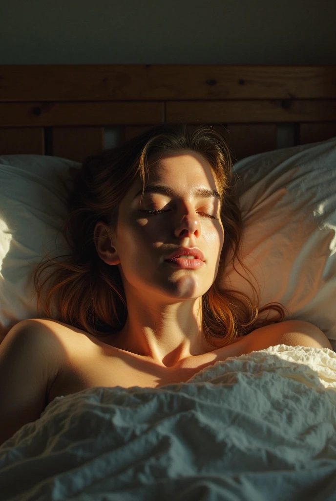 A moderately fat woman, White skin , brown hair with glasses and has many freckles, lying face up on a bed covered with a quilted yellow sheet