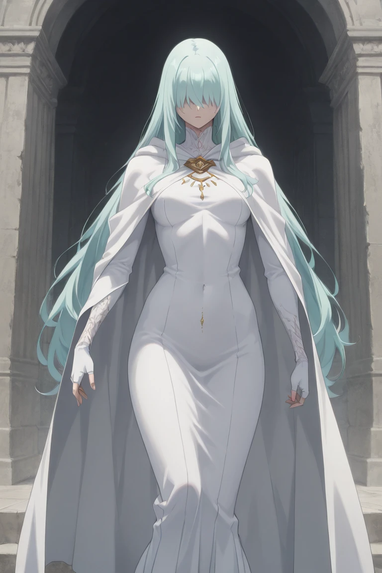 ((best quality)), ((masterpiece)), (detailed), anime depiction of a tall woman, beautiful, glowing red eyes, white hair with streaks of red, imposing, calm, god, fancy suit, long face, powerful, full body, urban setting, light muscles
