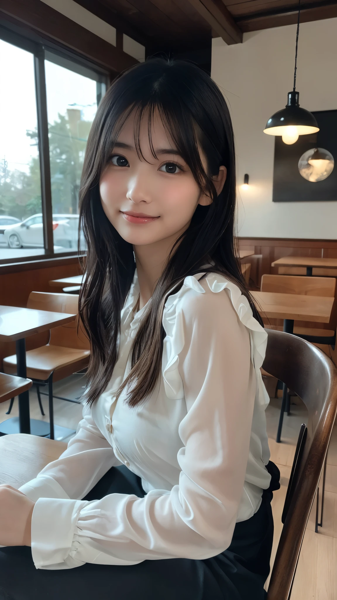 (Highest quality、8K、32k、masterpiece、Hmph:1.2)、Japanese actress waiting for a flight at the airport cafe terrace, Before you leave for your trip abroad,