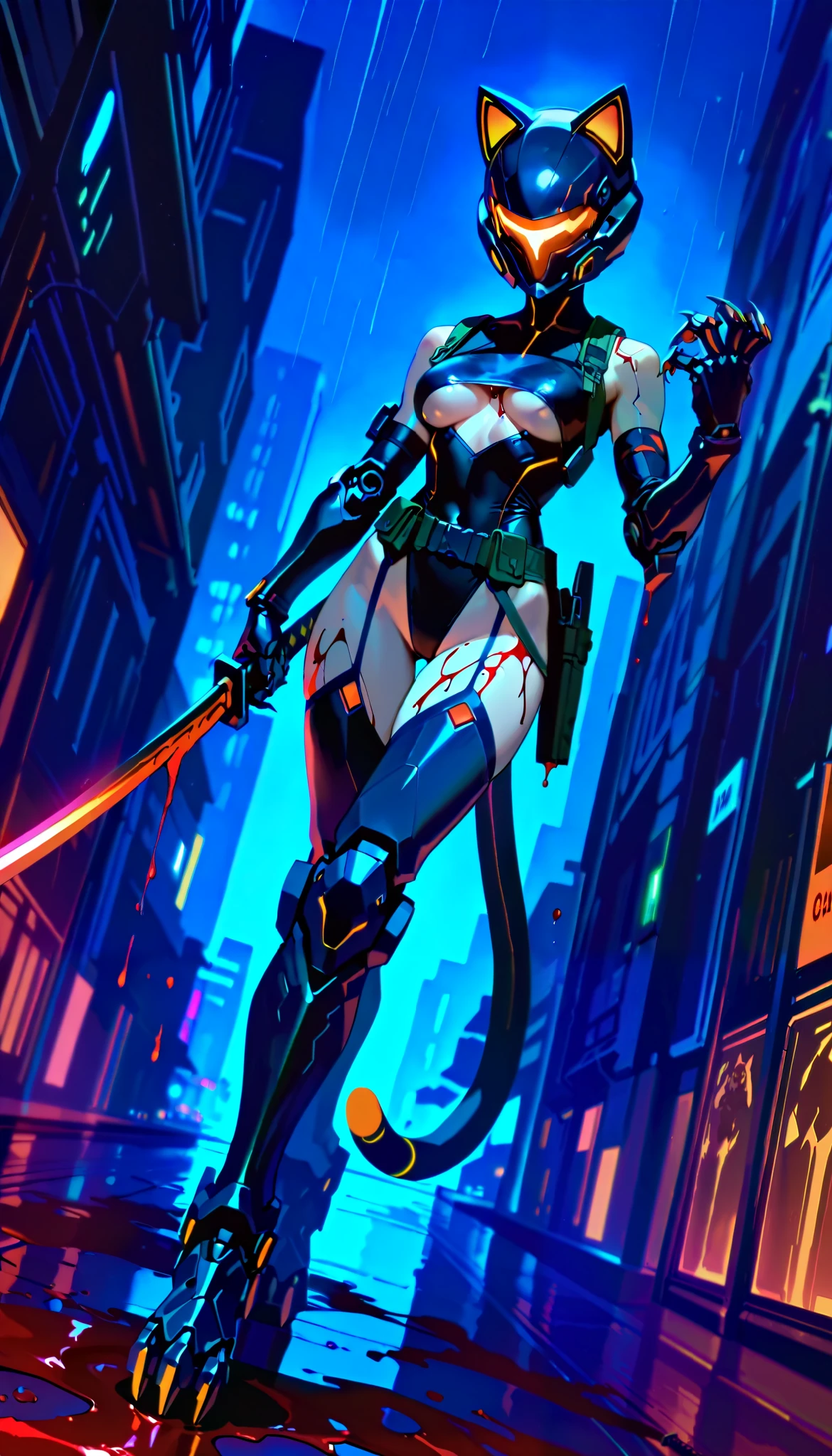 Best quality, masterpiece, (((1girl))), (((solo))), dense cyberpunk city background, dense city street, neon lit street, raining, night time, wet skin, cyberpunk, anime, full-face helmet with cat ears, red motorcycle helmet, red glowing cat ears, hourglass figure, toned body, athletic, skimpy clothing, (((black leotard))), underboob cutout, (((underboob))), black tactical gear, skimpy tactical gear, black hotpants, (((holding katana))), (((covered in blood))), (((blood splatters))), (((blood everywhere))), (((blood all over body))), (((gore))), (((sexy pose))), (((view from ground))), (((cat eyes visible in helmet))), black thigh highs, red and black tactical gear, glowing red katana blade, (((blood dripping from katana))), (((robotic cat tail))), tactical chest harness, tactical knee pads, tactical elbow pads, tactical gloves, (((tactical utility belt))), (((tactical body harness))), (((cybernetic legs))), (((cybernetic lines on skin))), (((dutch angle))), (((hand in claw shape))), (((hips cocked))), shoulders visible, black arm bands on biceps, (((medium breasts))), cybernetic legs, (((mechanical claw feet)))