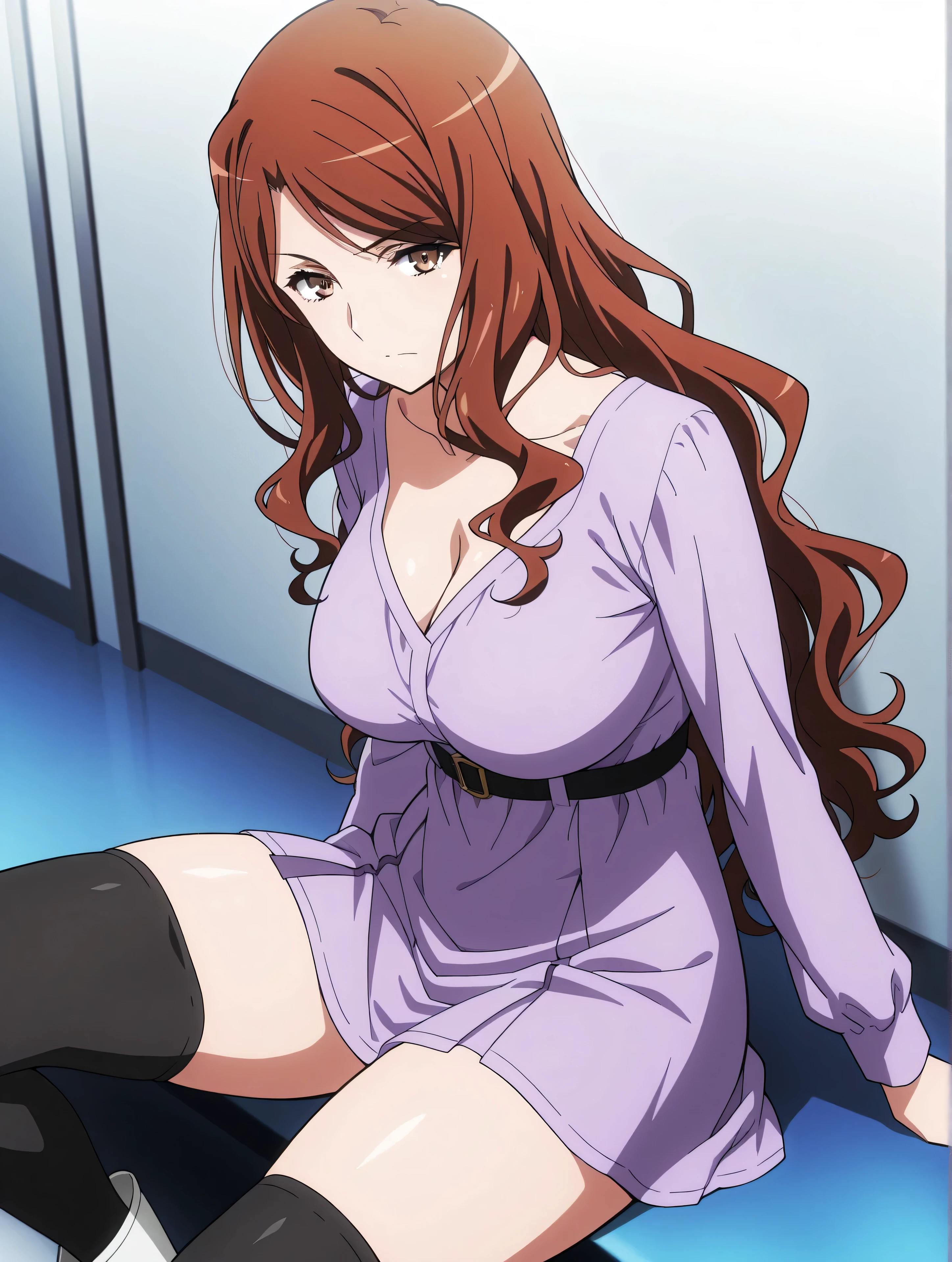 master piece、Best Quality,Super detailed,High resolution,Extremely detailed CG,Unity 8K Wallpaper,weat,score_9, score_8_up, score_7_up, score_6_up, score_5_up, score_4_up, source_anime,mugino shizuri, long hair, wavy hair, brown hair, brown eyes, dress, short dress, purple dress, long sleeves, collarbone, cleavage, belt, black thighhighs, zettai ryouiki, white footwear, sitting,thick thighs,mature female