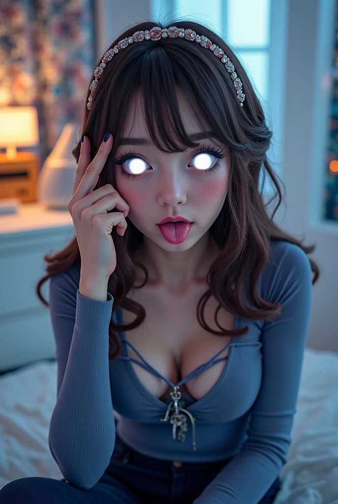 Realistic, high quality, gorgeous woman, massive  , kneeling, naked, hypnotized, staring at pendulum, spiral eyes, ((mouth open)), ((tongue out)), drooling