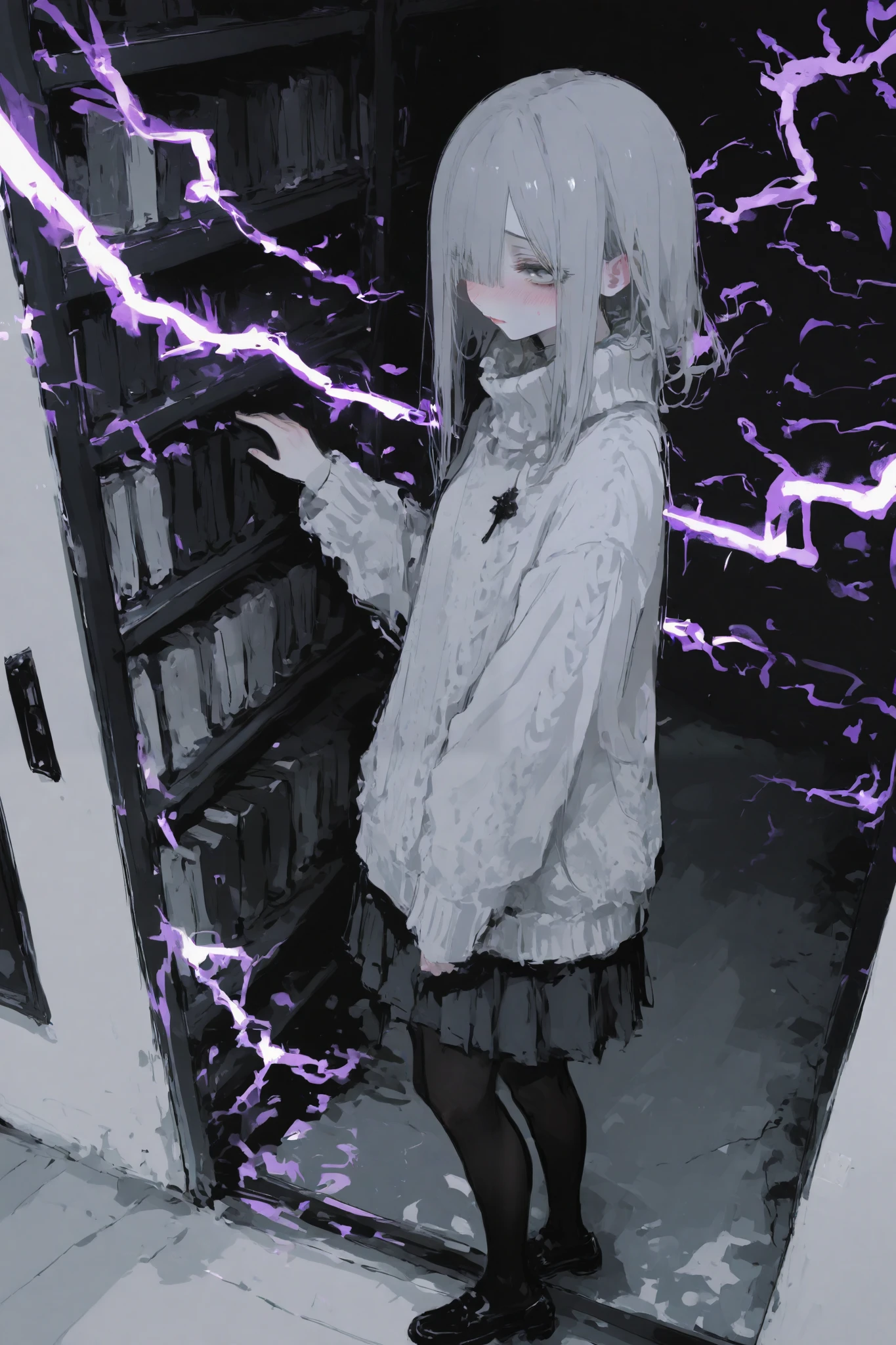 melancholic, 18 year old girl, female, black long silky hair, cute, attractive, dark aesthethic, grey eyes, beautiful face. Wears oversized sweater, knee-length skirt, paired with black stockings, muted colors. Scenario: Library, dark/cold ambience. The girl is looking through bookshelves, while having a ephemeral and melancholic expression, blushing. Extremely detailed, amazing quality, dark colors, dramatic lightning, side view, full body, from above.


