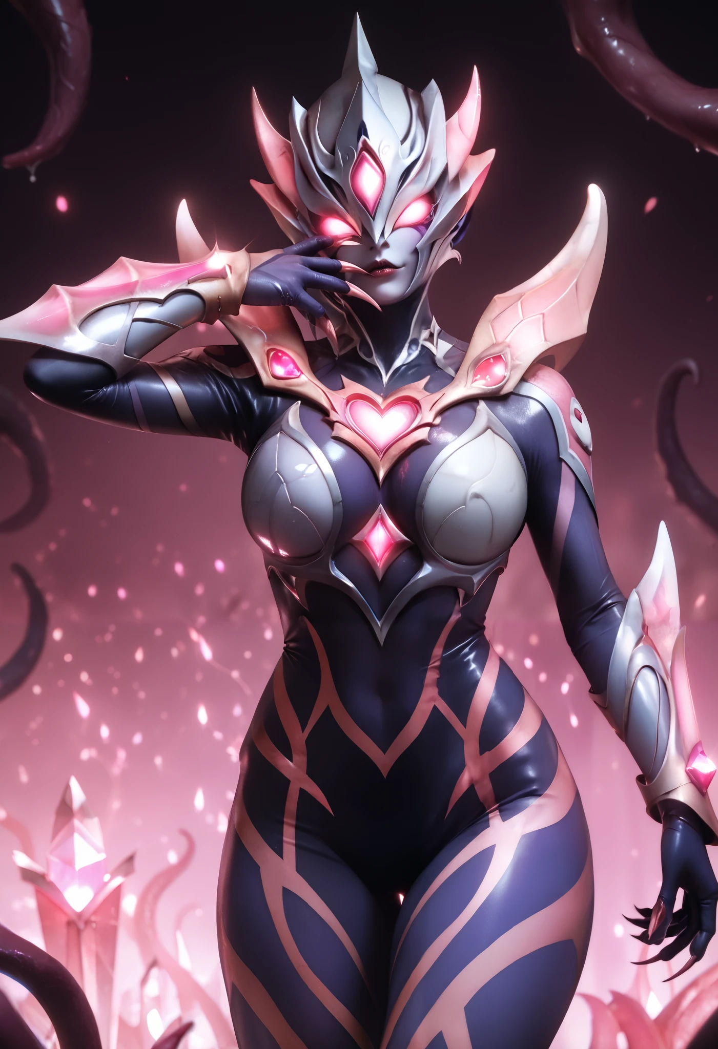 Ultraman Style Girl. Covered in black and purple skin. Pink lines. Glowing crystals on her chest. Sharp claws. Firm breasts. Curved waist. Thighs. A carapace covering her face. Armor-like skin. Honeycomb-patterned skin. Fusion with tentacles. A glowing pink heart tattoo.