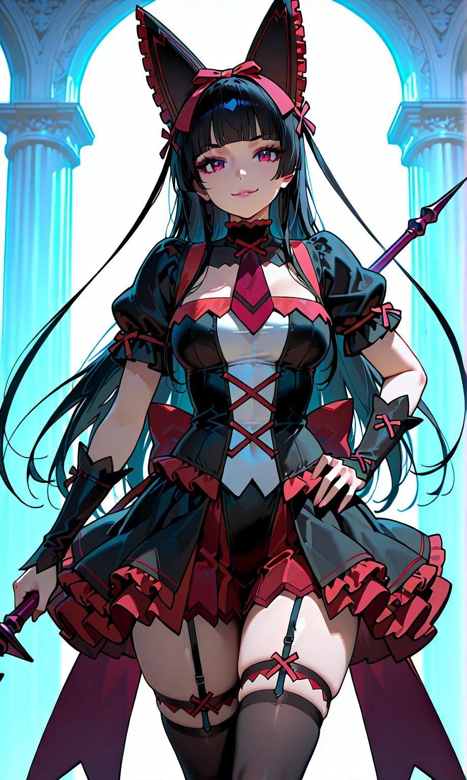 <lora:Cierra:0.8>1girl, solo, weapon, long hair, sword, holding weapon, armor, white background, holding, holding sword, armpits, very long hair, simple background, looking at viewer, red bow, skirt, thighhighs, gloves, boots, black gloves, bangs, grey eyes, red bowtie, bow, black skirt, standing, armored boots, bowtie, floating hair, thigh boots, gauntlets, elbow gloves, sleeveless, frills, arms up, black thighhighs, breasts, closed mouth, cowboy shot, breastplate