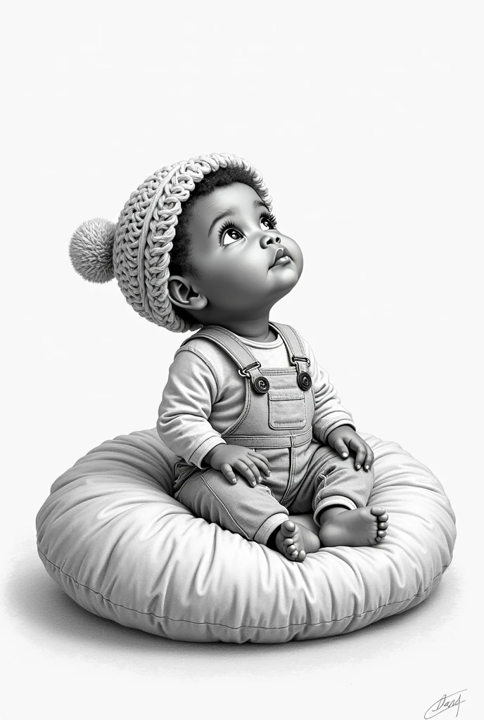 Image of a sitting baby wearing a white shirt, military green pants and white All Stars, small brown spot on the left cheek, slightly curly black hair, dark round eyes