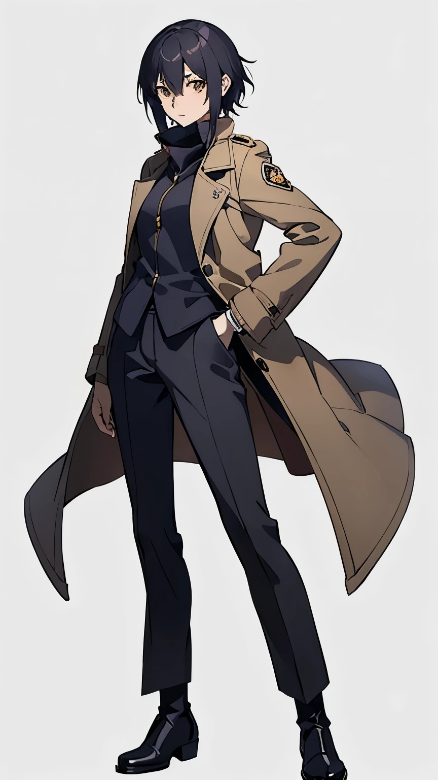 (((Anime style, highest quality, Ultra HD, 8K CG, high resolution))), ((Beautiful face: 1.2, Beautiful hands, Perfect hands: 1, Perfect and delicate limbs)), (standing, Full body, Simple background), Woman wearing a black Inverness coat and a yellow tactical vest, woman, solo, Short hair, flipped hair, hair between eyes, dark brown hair, navy eyes, Inverness coat, coat, (Tactical vest: 1.2, Police: 0.8), black slack pants, slacks, boots, Simple background