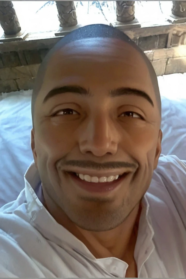 The image is a close-up of Cristiano Ronaldo face, with a bald head and a goatee. He is wearing a black hoodie and has a serious expression on his face. His eyes are wide open and his mouth is slightly open, as if he is making a silly face. In the background, there is a bedroom with a bed, a nightstand, and a window with red and white striped curtains. On the wall, there are several framed pictures of a muscular man.