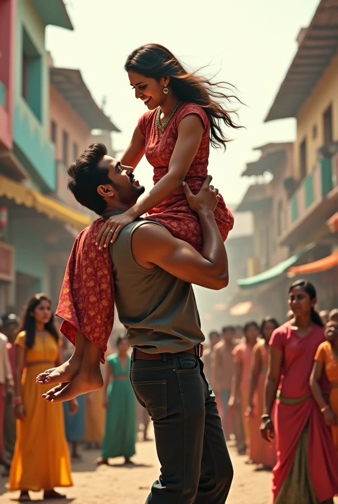 A woman wearing a sari kicks a man in the groin.