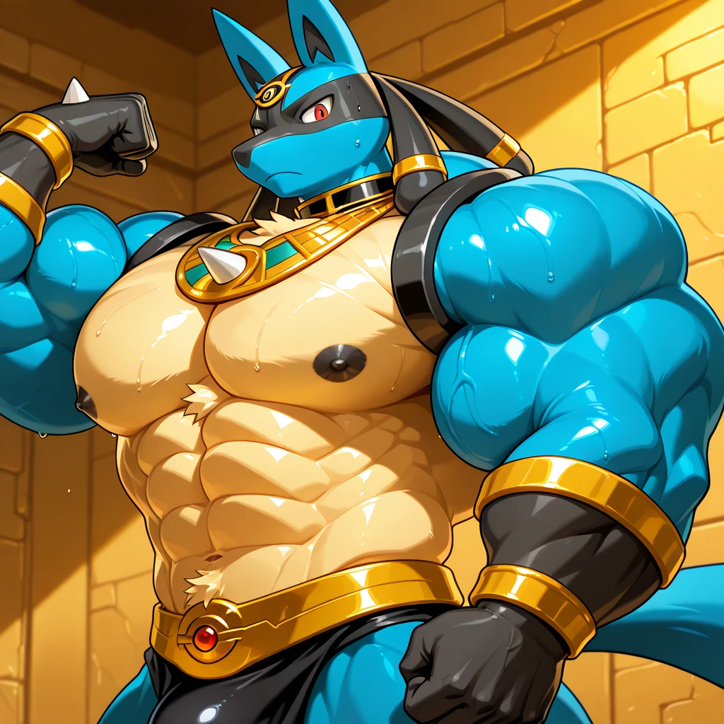 a pair of two giant gigantically muscular anthro sergal knight guards looking down at the viewer,, full body latex bodysuits, arms around each other, gigantic hyper giant penis and balls bulge, shiny velvet fur, huge round pecs, , massive arms, big thick thighs, broad shoulders. holdin big polearms. wearing a black harnesses with super thick straps, belly , legs wide, small head, huge black glossy nipples pierced, big long tail, lots of gold jewellrry, muzzle tied shut with strap, dark dungeon, dynamic mischevious poses, looming over huge over viewer, view from below, wide angle lens, by darkgem