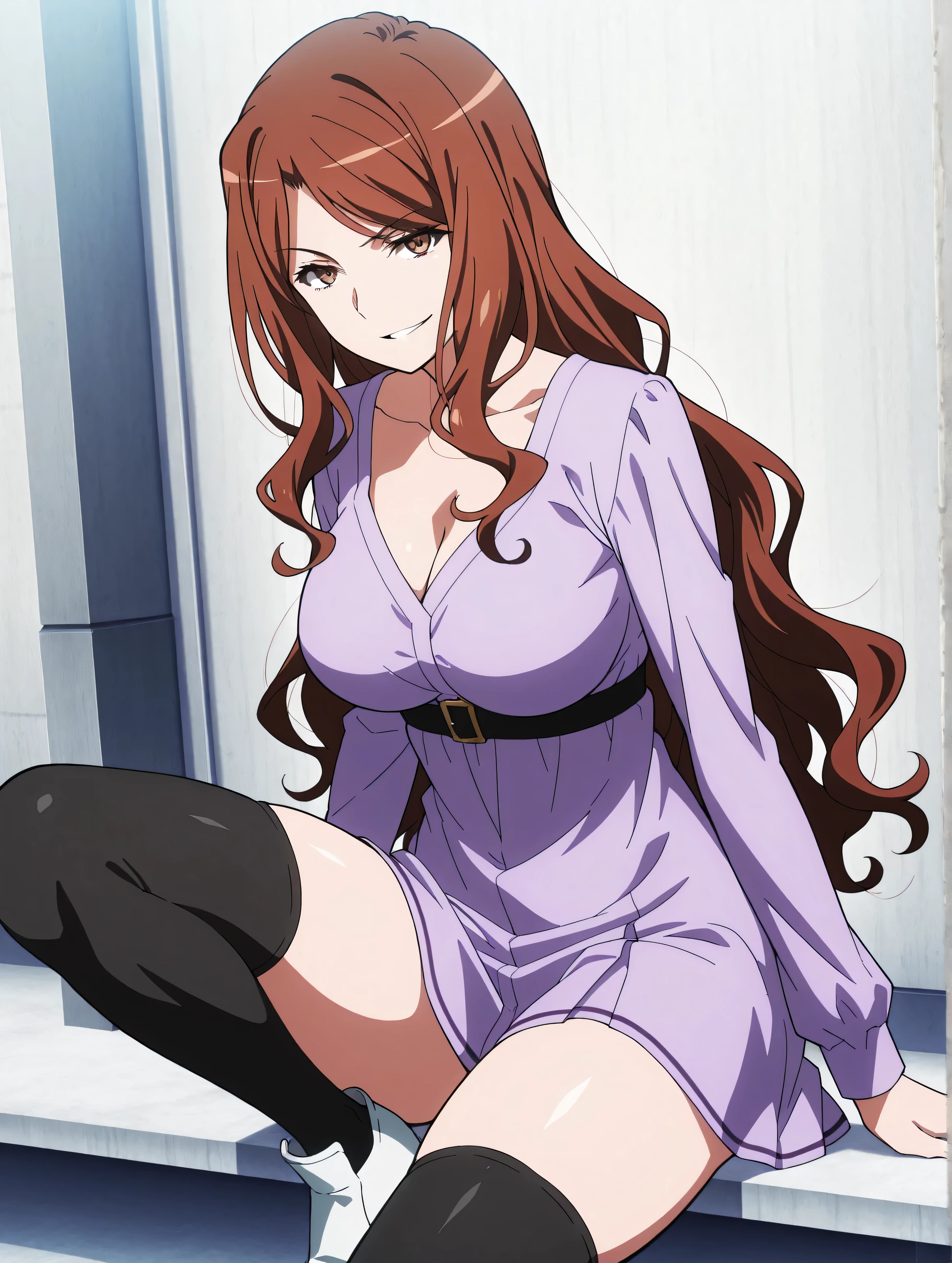 master piece、Best Quality,Super detailed,High resolution,Extremely detailed CG,Unity 8K Wallpaper,weat,score_9, score_8_up, score_7_up, score_6_up, score_5_up, score_4_up, source_anime,mugino shizuri, long hair, wavy hair, brown hair, brown eyes, dress, short dress, purple dress, long sleeves, collarbone, cleavage, belt, black thighhighs, zettai ryouiki, white footwear, sitting,thick thighs,evil smile