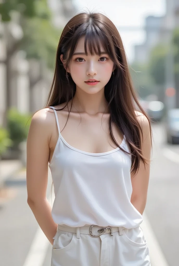 (RAW Photos:1.2), (Realistic), Beautiful detailed girl, Very detailedな目と顔, Narrow and beautiful eyes, Large file size, High resolution, Very detailed, Highest quality, [Tabletop:1.6], shape, Very detailed, The finer details, Highest quality, 8k wallpaper, Cinema Lighting, 15 year old Japanese girl,Tree-lined street in the city&#39;Central Park, In underwear, Fresh green tree々A beautiful tree-lined street, Fashionable underwear, Her white bra is visible, Her white panties are visible, Slender body, Relaxed facial expression, Young Face, Large Breasts, Exposed underwear, In underwearで散歩, Portraiture
