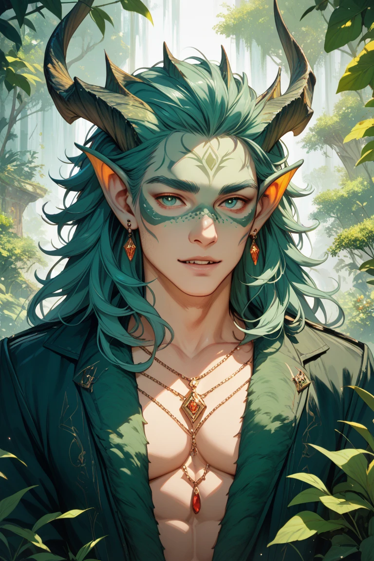 Green fur elf.
He bathes in a lonely pool.
The pool is in a forest.