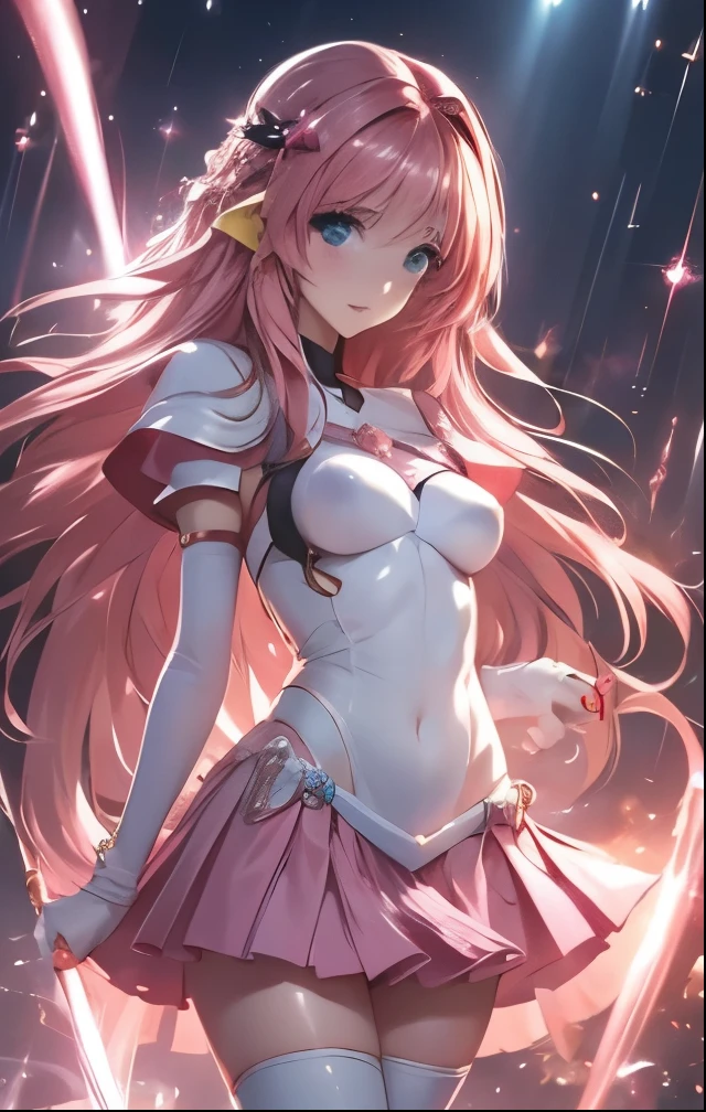 (((SFW、Highest quality、 first class masterpiece 、 Normal Body 、8k、 detailed face 、super precise、 real color 、5refer to、Highest)))Escalayer、Pretty Girl、Pink silver hair、Glowing Hair 、long hair、beautiful breasts、slender、 slim、Petite、 can be used、Pichi Pichi High Leg Costume、Panchira super miniskirt、Whip of Light