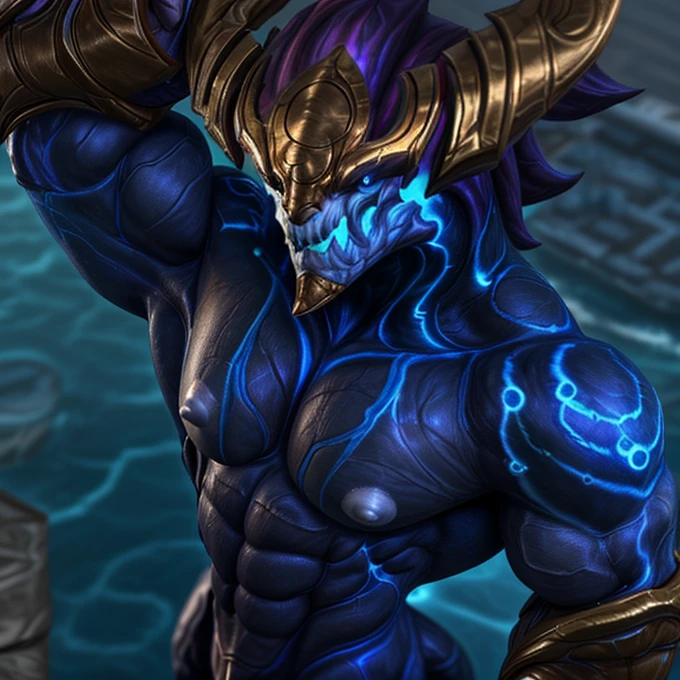 Muscular, Pectoral Muscle: 1.1, Muscle: 3, Big Pectoral, Abs, Nipples, Aurelion Sol (League of Legends), Correct Anatomy, Thongs, Bulge, White Back Ground, Flexing His Arms, (Realistic Shadows, Depth of Field, High Angle Shot), Smiling, Muscular Legs, Handsome Face, High Quality, Best Quality,