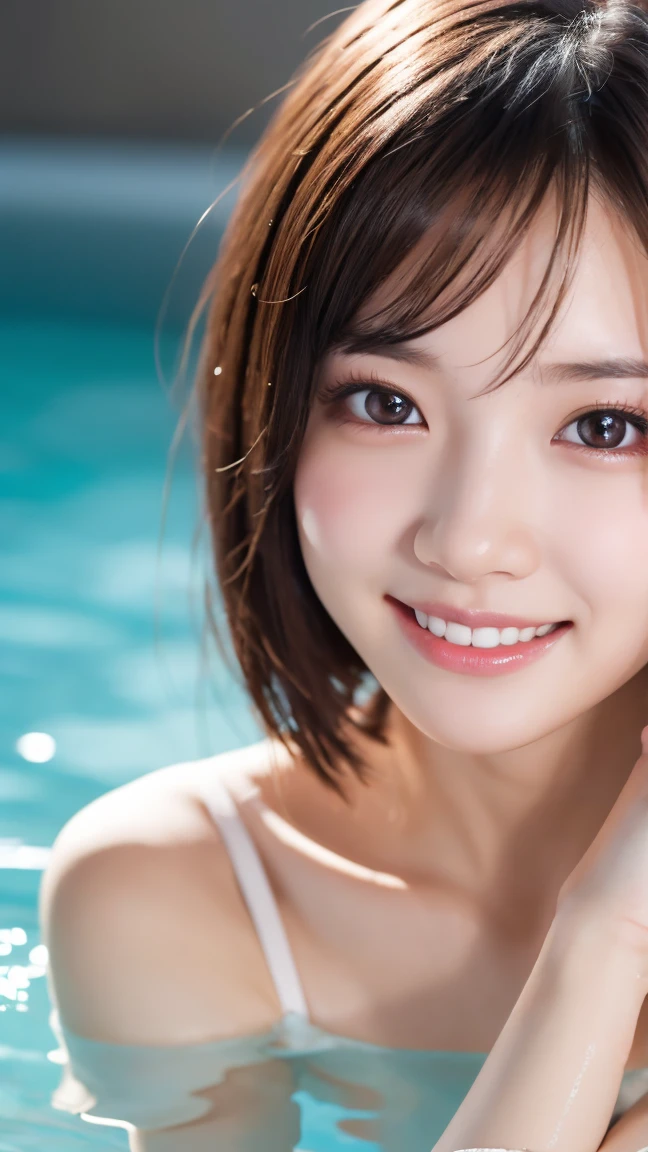 masterpiece:1.3), (8K, Realistic, RAW Photos, Best image quality: 1.4), Japanese schoolgirl、(Random Hairstyles:1.2)、Highly detailed face、Attention to detail、double eyelid、Chest to chest、Sharp focus:1.2、Beautiful woman:1.4、Light brown hair、Highest quality、masterpiece、Ultra-high resolution、(Realistic:1.4)、Highly detailed and professionally lit smiles、Loose、Swimwear、thin、Smiling expression、Short-haired、Deadly position