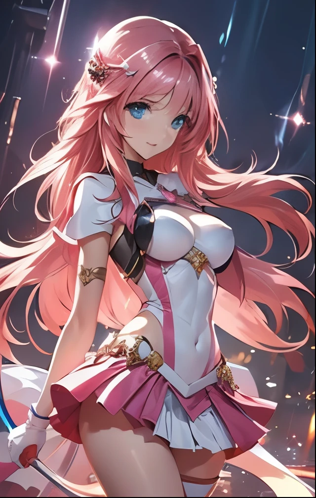 ((anime style)) Elysia, the most powerful valkyrie in Honkai Impact, stands atop the ruins of the Elysian kingdom. Her majestic suit bursts with energy as she summons her powerful bow, ready to face the enemy. Her hair coming, pink blows in the wind with a shower of colorful meteors illuminates the night sky behind her with fires all over the scenes, she has a small waist and thick thighs and a gorgeous look and a sculptural body, and big, round breasts, gorgeous face and charming smile.