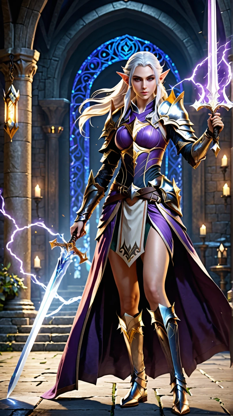 a picture of a female elf (intense details, Masterpiece, best quality: 1.5) fantasy swashbuckler, fantasy fencer, armed with a slim sword, shinning sword, metallic shine, colorful clothes, dynamic clothing, an ultra wide shot, full body (intense details, Masterpiece, best quality: 1.5)epic beautiful female elf (intense details, Masterpiece, best quality: 1.5), rich hair, braided hair, small pointed ears, GlowingRunes_pink [colorful magical sigils in the air],[ colorful arcane markings floating] (intricate details, Masterpiece, best quality: 1.6), holding a [sword] (intricate details, Masterpiece, best quality: 1.6) holding a [sword glowing in red light]fantasy urban street (intense details, Masterpiece, best quality: 1.5),  purple cloak, long cloak (intense details, Masterpiece, best quality: 1.5), sense of daring, sense of adventure,  high details, best quality, 8k, [ultra detailed], masterpiece, best quality, (extremely detailed), dynamic angle, ultra wide shot, photorealistic, RAW, fantasy art, dnd art,fantasy art, realistic art,