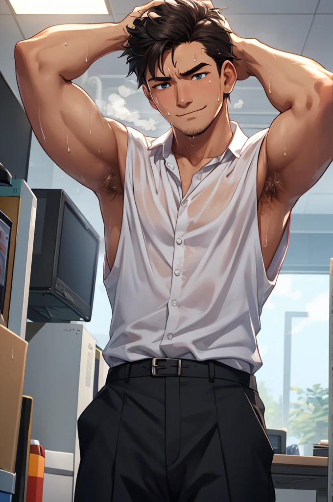 1boy, 1solo, black hair, short hair, brown eyes, hair between eyes, ash ketchum, suit, watch, unabuttoned shirt, shirtless, undressing, chest hair, he's pulling his pants down showing his crotch