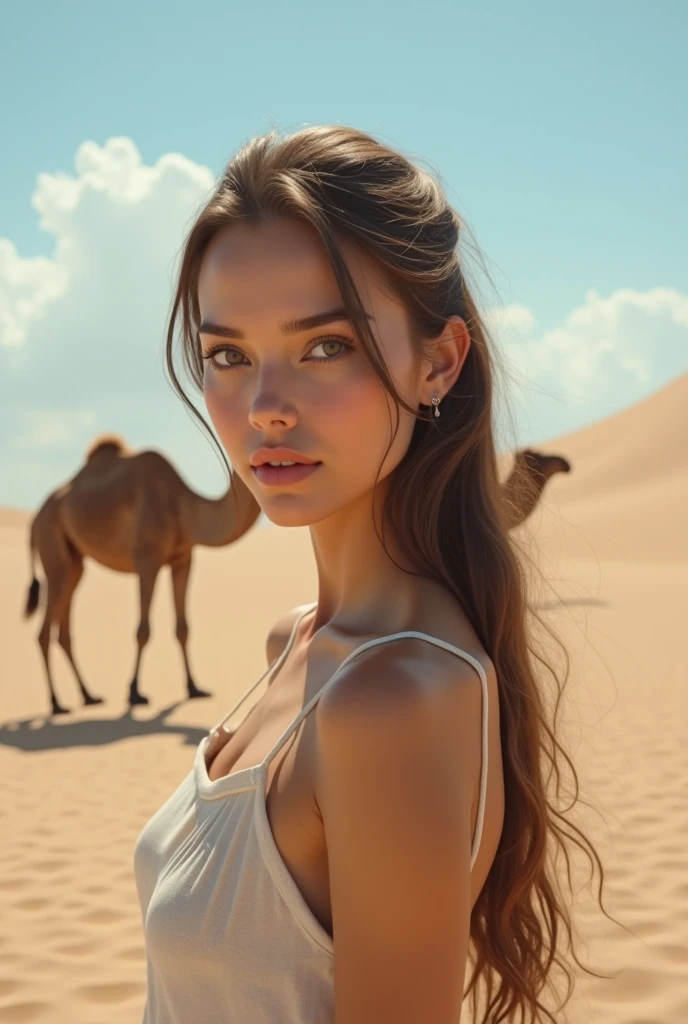 A arabian topless girl in a desert with a camel