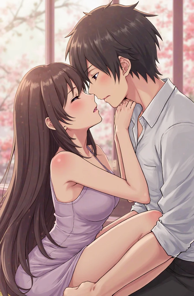 ((absurdres, higher, ultra HD)) 1 male, 1 female,mature, kissing each other, girl is sit on the wash basin, guy is front of her slightly bend towards her, man is shirtless, wearing blue jeans ,woman wearing beautiful pink dress, wisteria flower around them, beautiful, scenary, romantic,((calm and romantic expression:1.2)) ,pixiv, digital painting, mascular man, beautiful elegant woman, (gray stylish hair for man), (brown long hair for woman)