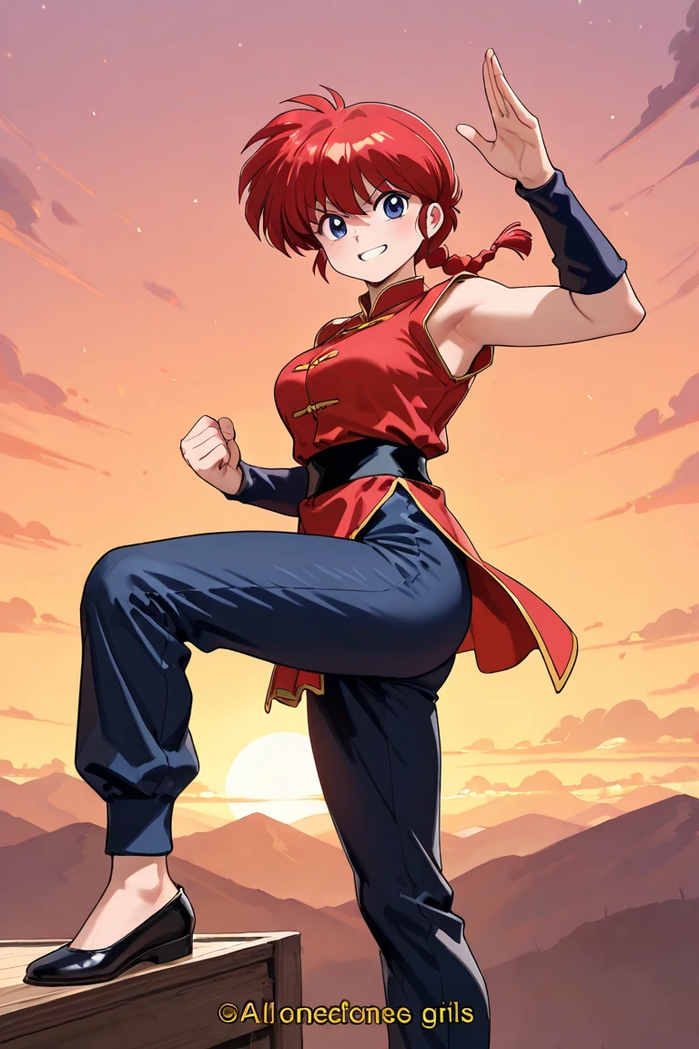 (8K, Photo brute, meilleure qualité, chef-d'ouvrages d'art:1.2), RanmaChan, RanmaRedShirt, pantalon bleu, arts martiaux,
