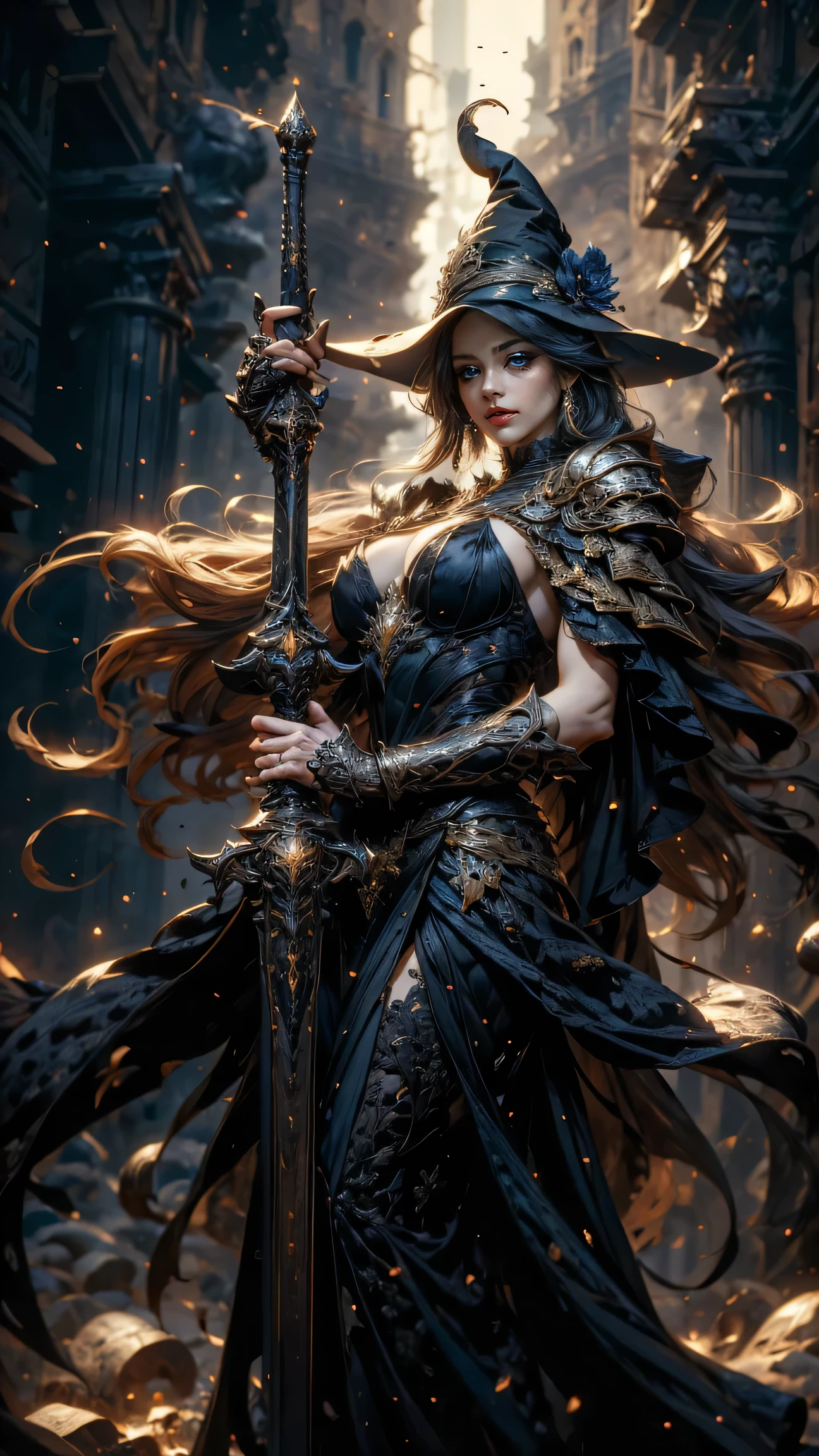 A close-up, dynamic angle ray-traced image of a witch, rendered in fractal art style (quality score 1.3), exhibiting extreme detail. The blond hair witch, a middle-aged woman of Mediterranean descent with olive skin and sharp, angular features, wears a wide-brimmed, conical hat of deep purple velvet, adorned with silver filigree and iridescent beetle wings. tette . Her piercing green eyes, accentuated by heavy kohl eyeliner, convey a knowing, mischievous glint. She's dressed in a flowing, midnight-blue gown of heavy brocade, intricately embroidered with silver threads depicting swirling stars and crescent moons. Her weathered hands, gnarled with age yet surprisingly delicate, clutch a gnarled wooden staff, its surface etched with arcane symbols that glow faintly with inner light. Intense light illuminates fine dust motes dancing in the air around her, creating a dramatic chiaroscuro effect. The background is a blurred, deep indigo twilight sky, speckled with the faintest hints of distant stars, adding to the mystical atmosphere. The overall mood is one of powerful magic and enigmatic mystery, rendered with rich textures and a captivating interplay of light and shadow. The style evokes a blend of Art Nouveau and dark fantasy illustration, emphasizing fine detail and dramatic lighting. Camera: 50mm macro lens.