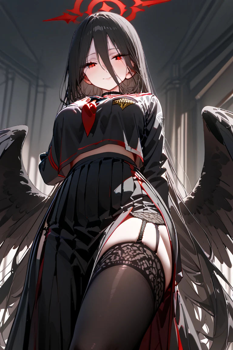 masterpiece, best quality, 1girl, black garter belt, black gloves, black hair, black serafuku, black thighhighs, black wings, blush, breasts, feathered wings, garter belt, gloves, hair between eyes, halo, large breasts, looking at viewer, mole, mole under eye, pleated skirt, red eyes, school uniform, serafuku, skirt, solo, thick thighs, thighhighs, thighs, wings, full body, standing, arms behind back, <lyco:azur_lane-30:0.8>