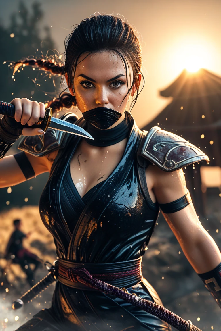 Generate a photorealistic 3D rendering of a young warrior capturing her majestic beauty with intricate details in an alternate reality, in combat throwing 6-Pointed Ninja Star