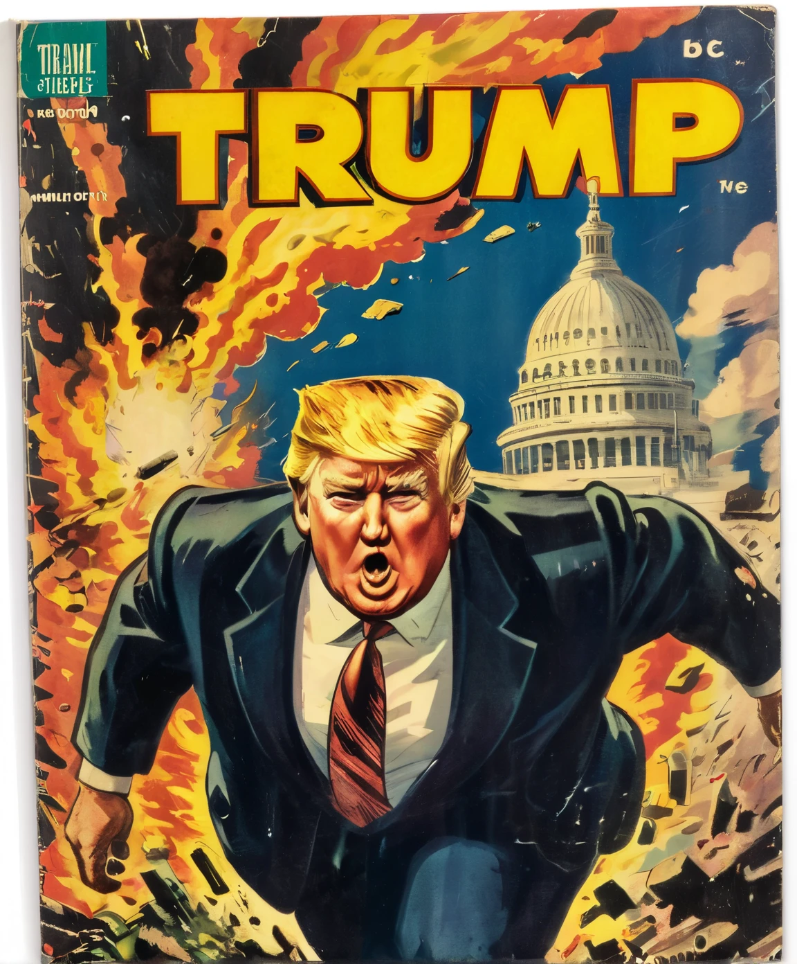 Vintage comic book cover illustration of old and fat Donald Trump exiting manically over the earth exploding, vintage dirt, dirt of aging,