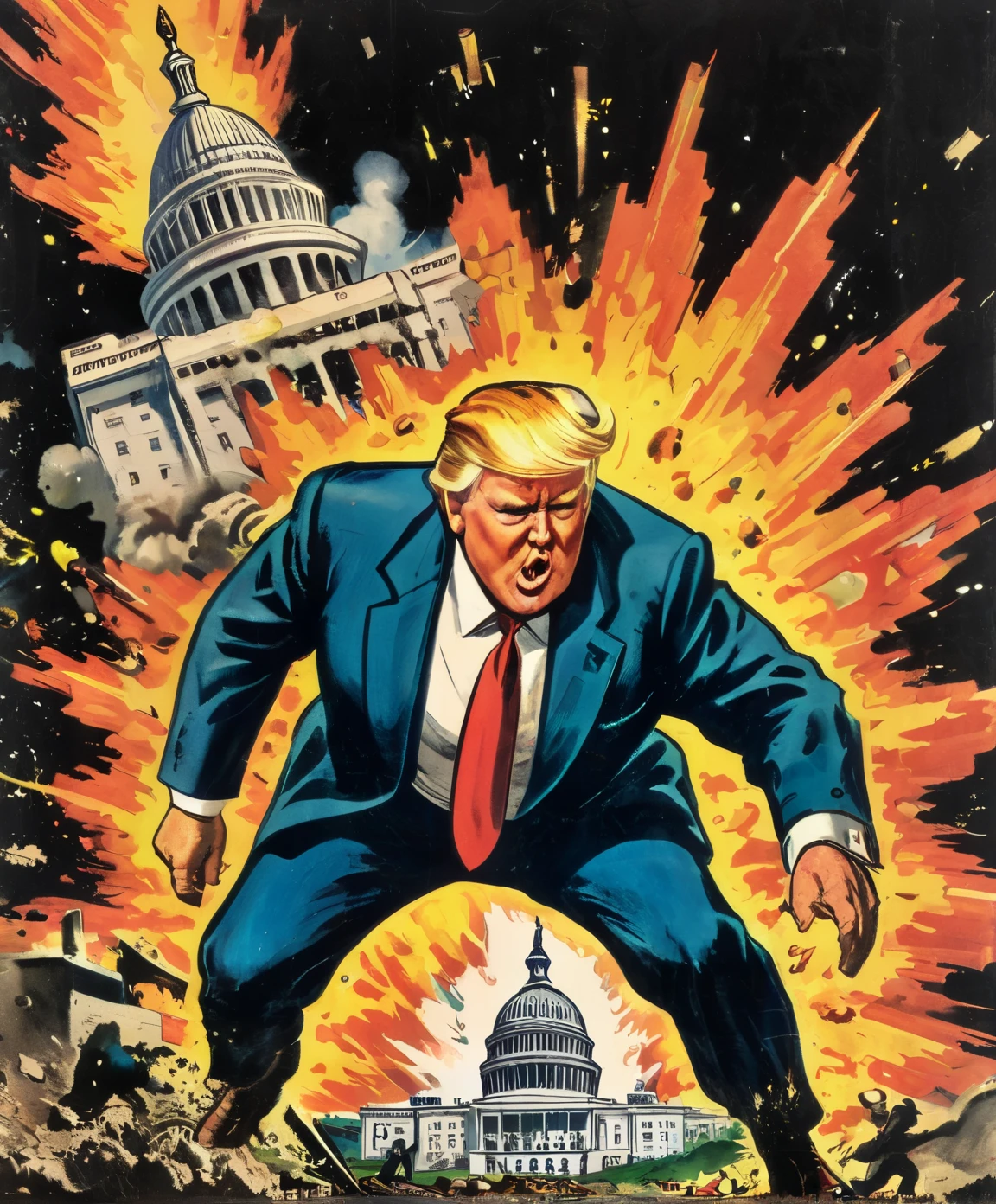 Vintage comic book cover illustration of old and fat Donald Trump exiting manically over the United States Capitol exploding, vintage dirt, dirt of aging,