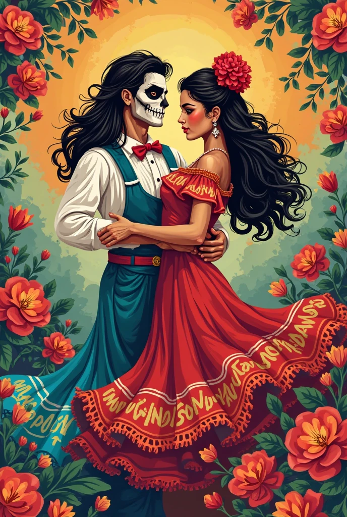 skull ??? and girl couple, wearing brightly colored mariachi costumes, smiling, Mexican Day of the Dead cartoon style as a logo for a restaurant, with a sign above them that says restaurante de Nephy, and with a transparent background