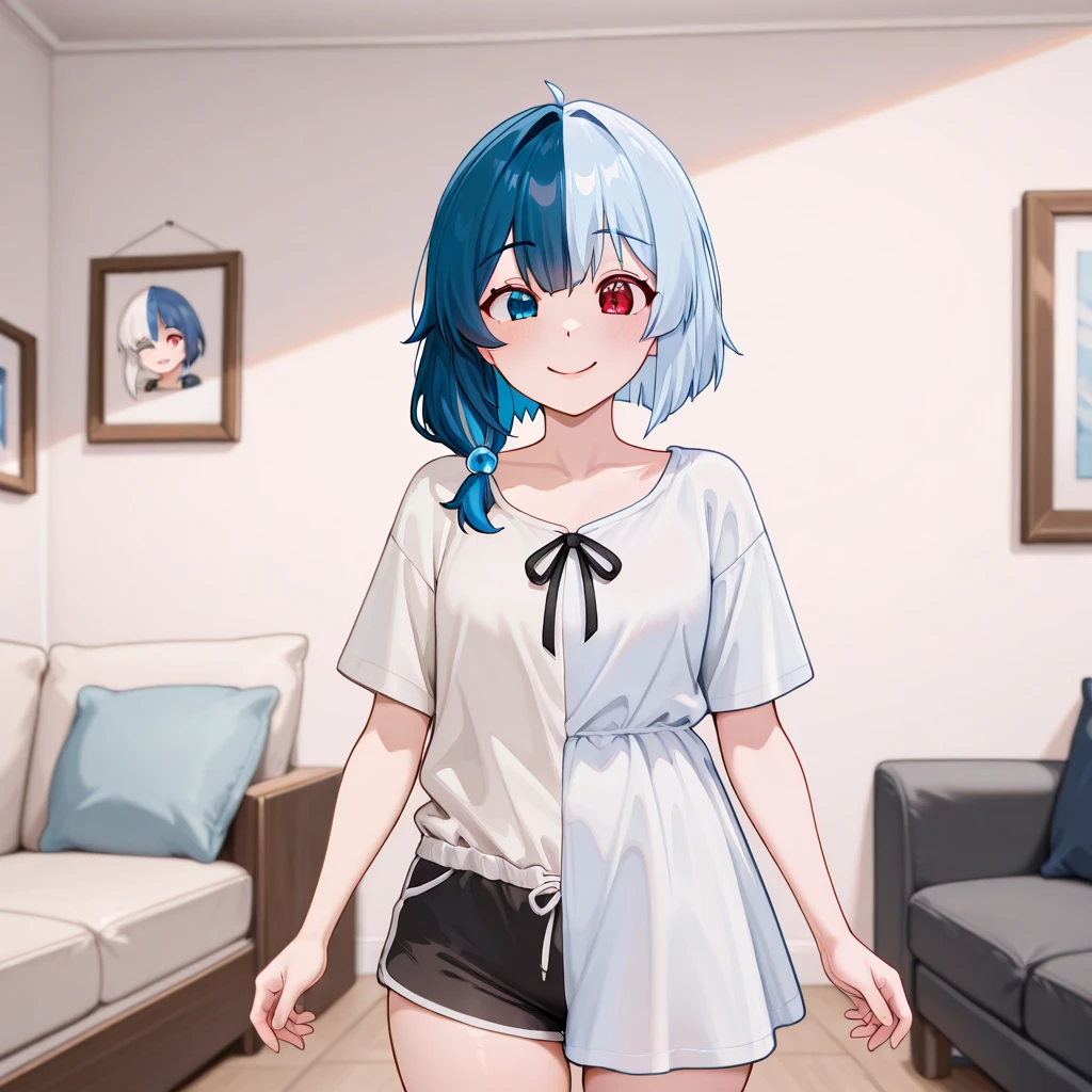 masterpiece, best quality, highres, 1girl, eelamy, short hair, streaked hair, ahoge, hair ornament, cleavage, polka dot, white camisole, white skirt, off shoulder, blue jacket, striped jacket, open clothes, long sleeves, sleeves past wrists, midriff, <lora:yukihana_lamy_v1:0.8>, indoors, living room, standing, cowboy shot,
