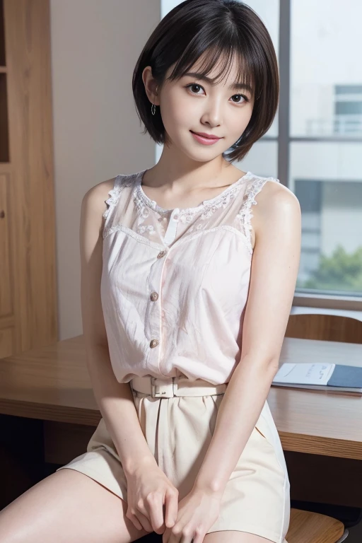 Best image quality、Highest quality、masterpiece、Ultra-high resolution、、immature、Realistic:1.4、Professional Lighting、Cute school girl、Baby Face、Very short hair、thin、Moderate size chest cup bust、Large erect nipples、smile、（I&#39;m wearing a stylish blouse、I can see her cleavage）、Wearing denim pants、standing front of train station