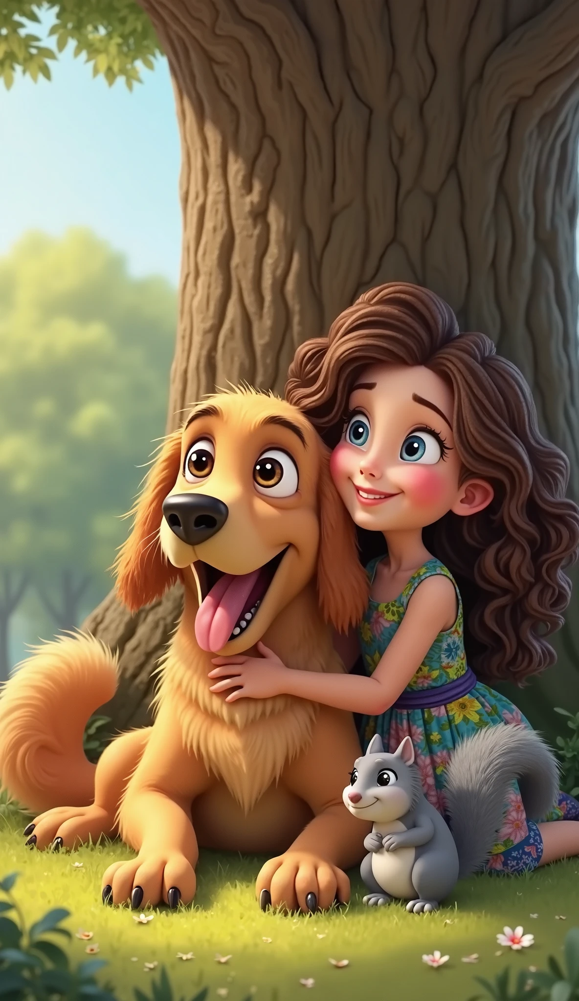 Max: A golden retriever with big brown eyes, a fluffy tail, lies down, panting happily. Lily: A young girl with curly brown hair, bright blue eyes, wearing a colorful dress.  Lily leans against the trunk, smiling. And the small, gray squirrel with a bushy tail, sits beside them, looking content.

