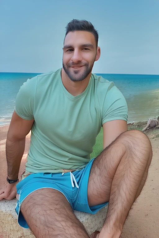 (big cum rm) urbationan, black-haired, hair falls on your face, Mesmerizing brown eyes, sunbathing on the beach in swimming thong,