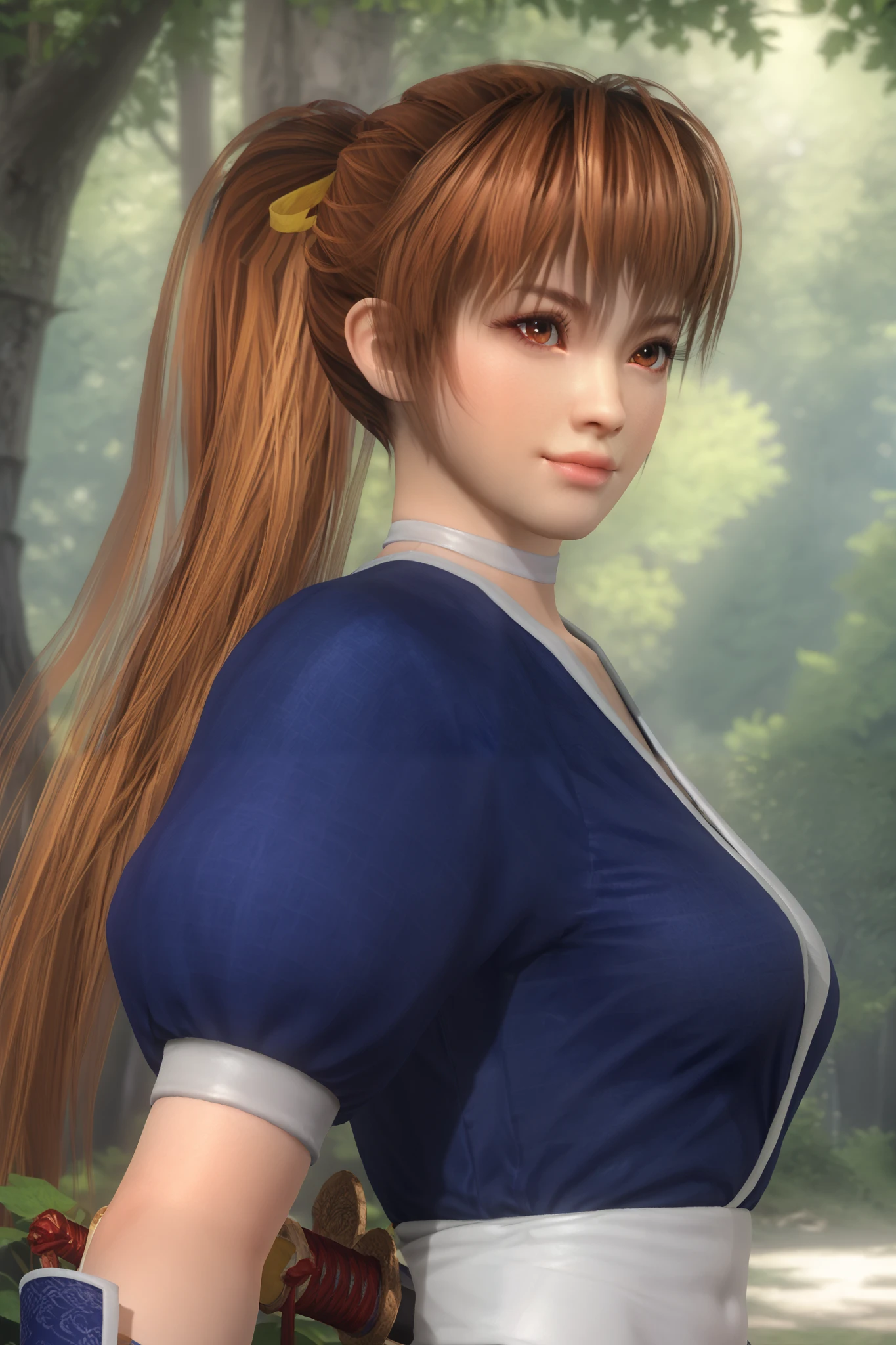 score_9, score_8_arriba, score_7_arriba, kasumidoa5lr, Kasumi, Pelvic Curtain, choker, forest, blurred background, a girl, Alone , long hair, ponytail, breasts, large breasts, neckline, smile, looking at the spectator