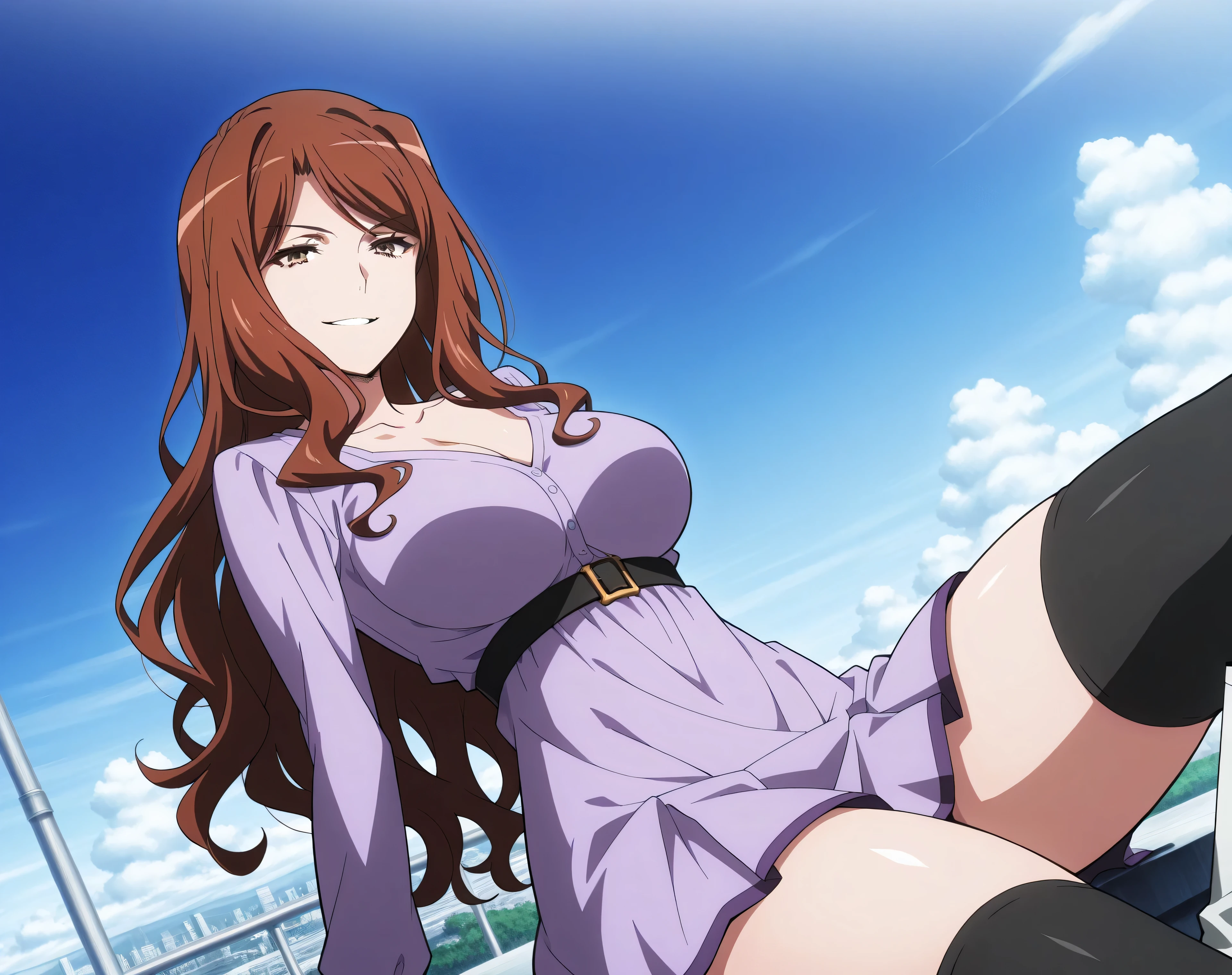 master piece、Best Quality,Super detailed,High resolution,Extremely detailed CG,Unity 8K Wallpaper,weat,score_9, score_8_up, score_7_up, score_6_up, score_5_up, score_4_up, source_anime,mugino shizuri, long hair, wavy hair, brown hair, brown eyes, dress, short dress, purple dress, long sleeves, collarbone, cleavage, belt, black thighhighs, zettai ryouiki, white footwear, sitting,thick thighs,evil smile