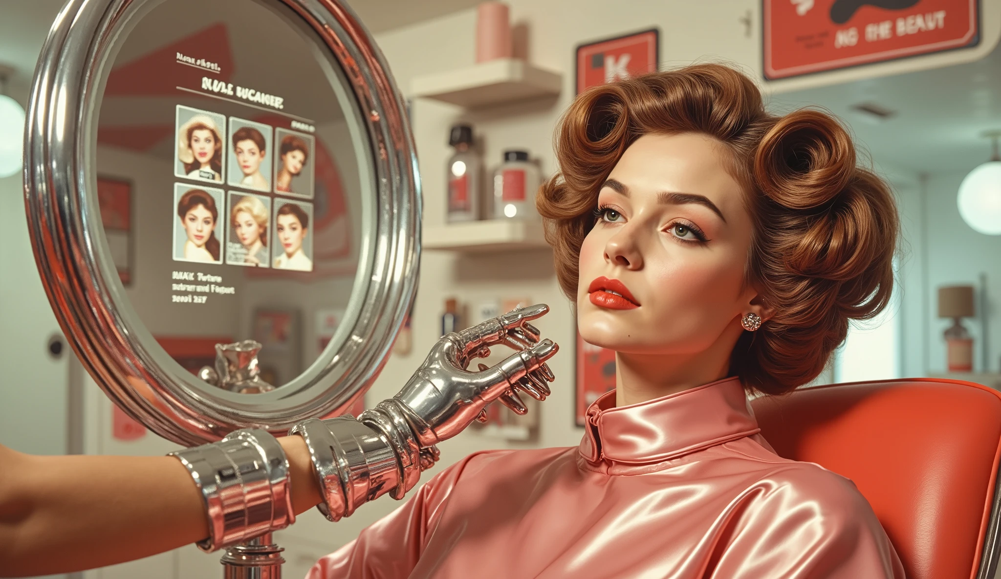 A young woman with glowing skin and soft, expressive eyes seated in a futuristic makeup lounge. She wears a reflective pink cape as chrome-armed beauty robots gently apply cosmetics. Her lips are being painted coral red, while a soft mist hydrates her skin. The mirror in front of her displays real-time holographic previews of retro-inspired styles. Her hair is in large, warm rollers, partially pinned. The background features pastel walls, floating product shelves, and retro ad posters. The mood is relaxed, playful, and subtly luxurious — beauty in orbit.