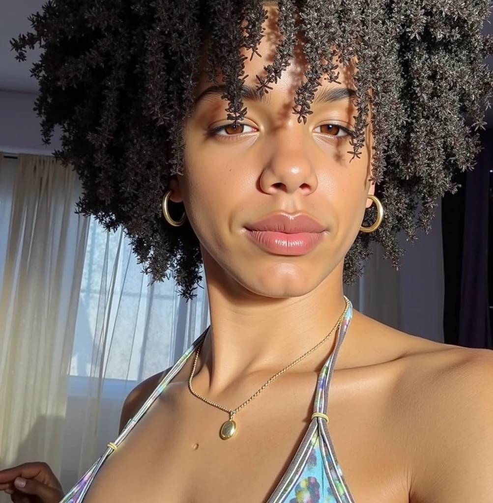 (Selfie, Vista superior: 1.4), (Cuerpo completo recto: 1.4),(Calidad 8K), RAW UHD portrait photo of a 13 year old mixed race black American woman (mujer de ojos ambarinos) standing in your room (falda), (escote), Detalles ( Texturas! , cabello! , resplandecer, Color!! , Desventajas: 1.1), ojos brillantes con mucho detalle (When looking at the camera), SLR lighting, SLR camera, Calidad Ultra, agudeza, Profundidad de campo, Film grain (centro), Fujifilm XT3, Cristalina, Centro del marco, Cara hermosa, foco nítido, Bokeh (luz corta), Noche, (cielo nocturno), poros detallados de la piel, piel grasa, quemadura, Detalles oculares complejos, cuerpo completo, small breasts, Cabello afro rizado, cara dulce, modelo, dulce