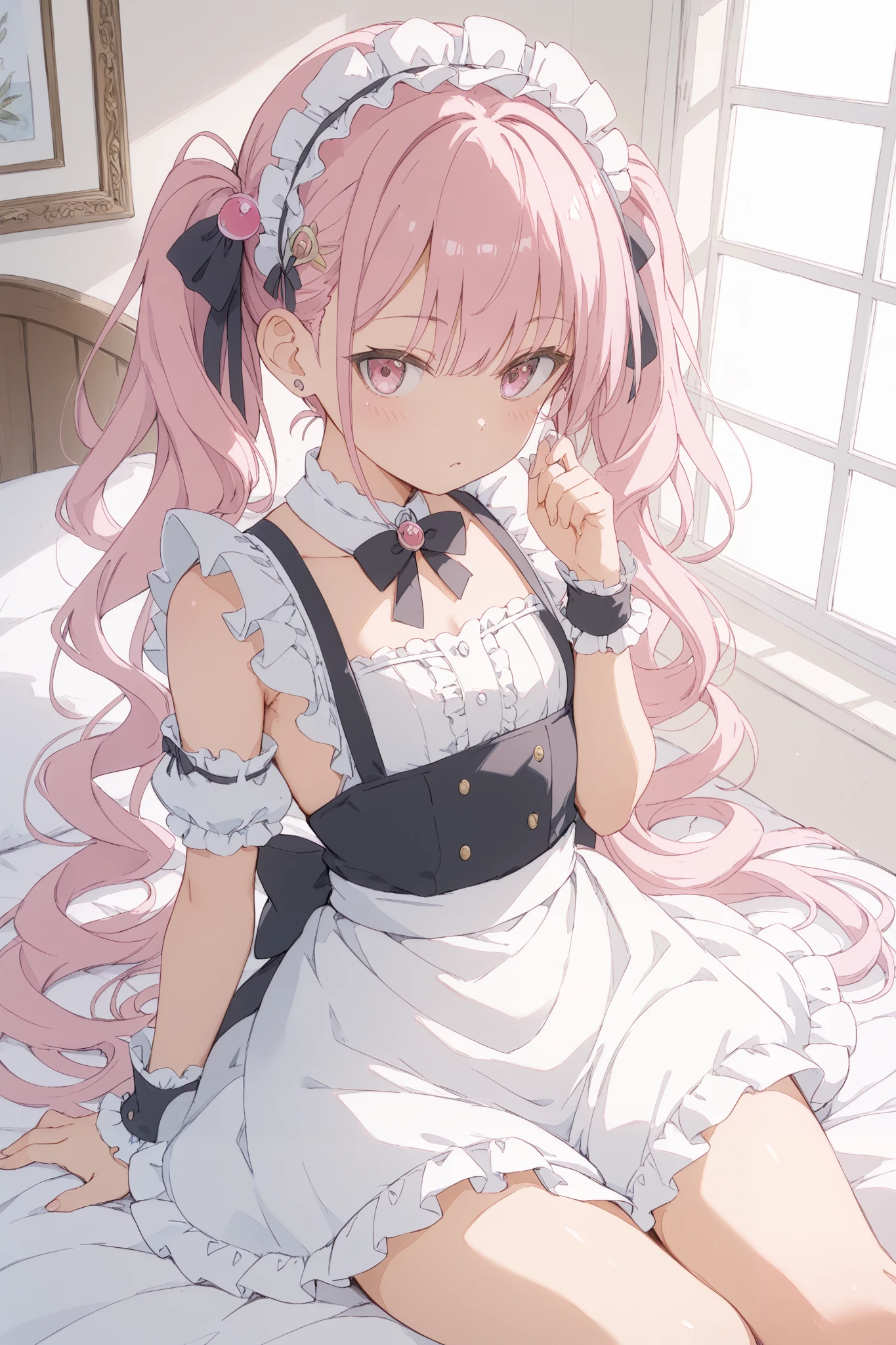 The white room、on the bed、Bright sunlight through the window、one woman、 are very small、Flat chest、maid clothes、Ropeear hair ornament、Frilled Headband、pink hair、long hair、half twin hairstyles、PIZURI、boob job