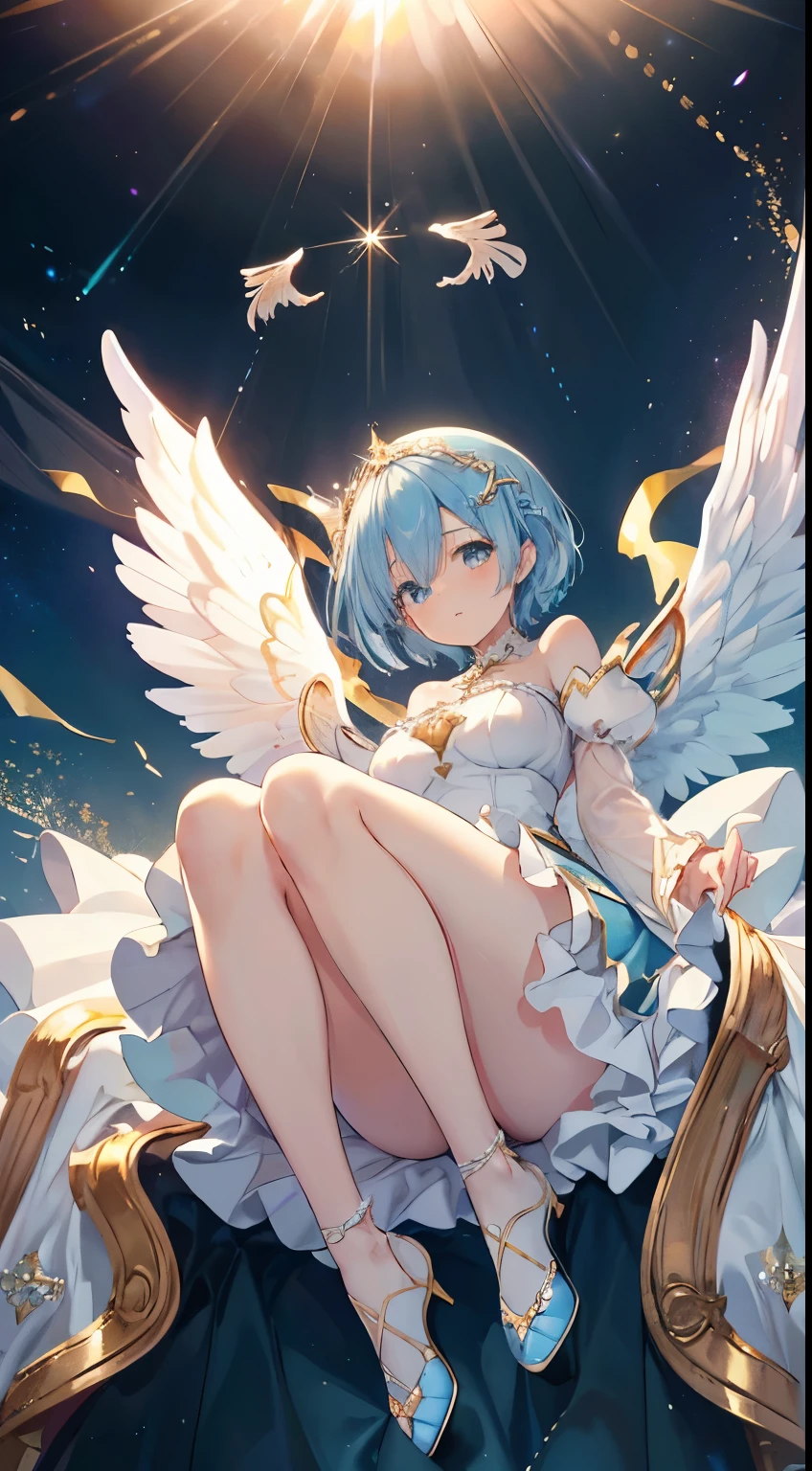 extra detailed face, Perfect Lighting, extremely details CG, 4K、8K、be shy、mournful smile、(Perfect hands, Perfect Anatomy)、Ultra-realistic photo of a girl in a majestic white and golden ball gown dress, Big beautiful dress, Complex puffy ball gown with lots of frills and rhinestones (Best Quality, masutepiece, ((Angel wings:1.2))。 art stations, Fantasy Art:1.2), Palace rooms, Beautiful cute girl, Rem of Rezero、(Blue shorthair:1.3), Bangs hide one eye、(Complex short gold skirt, Bare legs:1.2, Full body shot)、very Bigger breasts、White panties、(Clearly visible detailed female pubic shape: 1.4)、skirt rift、