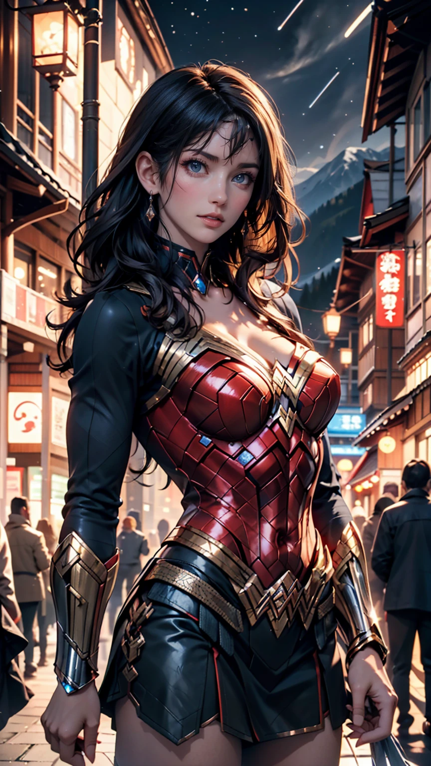 (best quality,highres,masterpiece:1.2),ultra-detailed,realistic,(HDR,UHD,studio lighting),vivid colors,sharp focus,portraits,beautiful detailed eyes,beautiful detailed lips,extremely detailed face,long eyelashes,confident posture,strong physique,superhero costume,flying in the sky,cityscape in the background,warm sunset colors,soft and warm lighting,empowering presence,strong and determined expression,graceful and elegant movements,positive energy,happy and glowing vibe