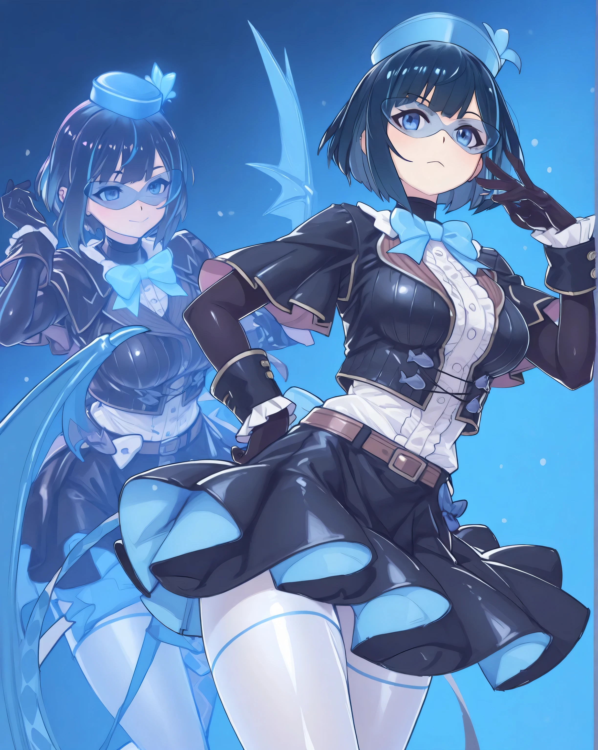 3dmm,Masterpiece,best quality, evil twin lil la:1.0, evil twin lil la outfit:1.0, white pantyhose with blue line, anime 3D art style, silky clothes, bright colors,highly detailed,expressive facial features,dynamic pose,4k resolution,Arnold rendering masterpiece, perfect details,