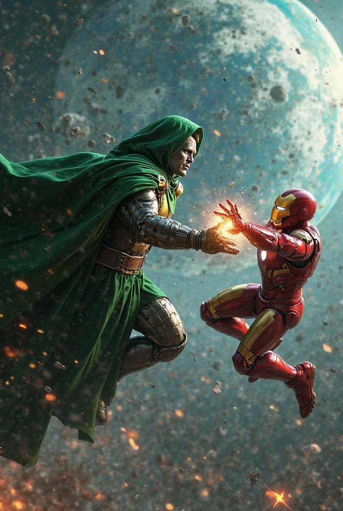 Ironman shooting to dr doom and dr doom make a shield for protection