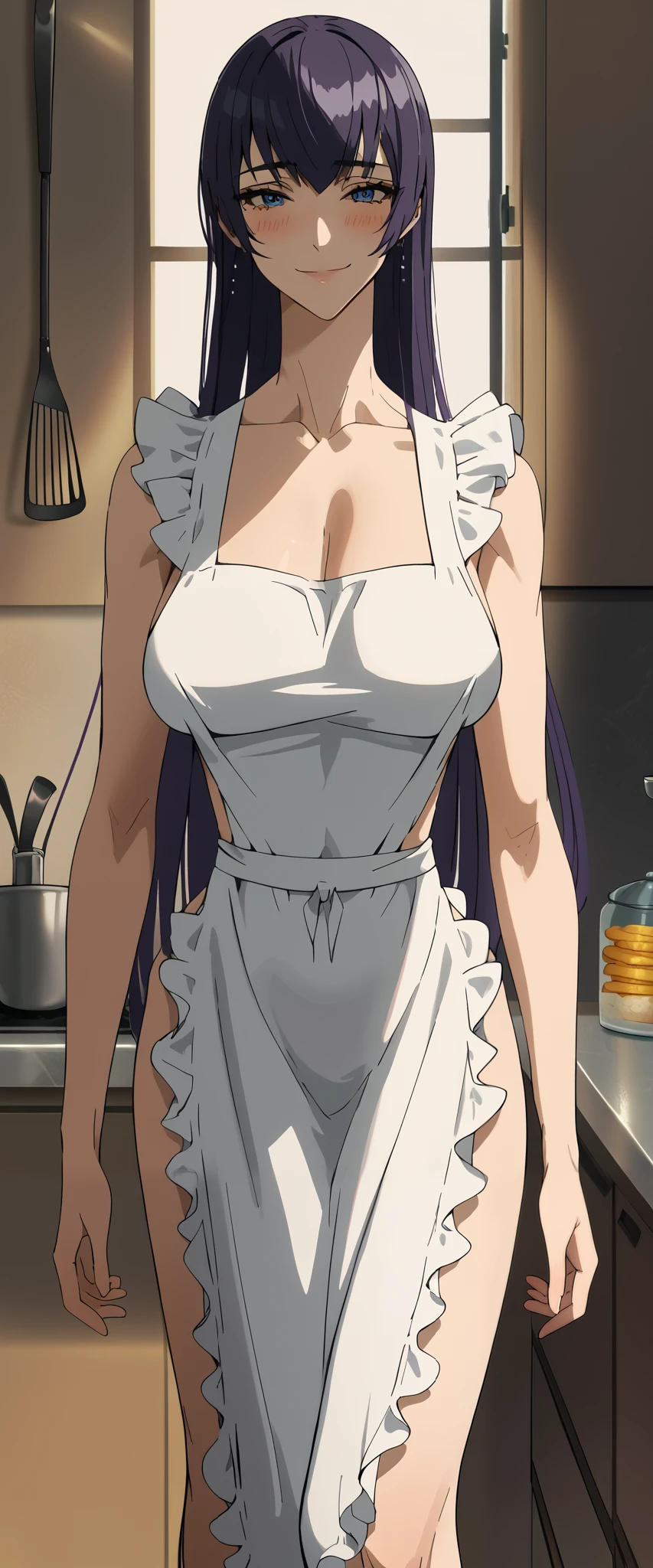 Saeko Busujima,
最high quality, masterpiece, Very detailed, high quality, high resolution, A girl, Mature woman, purple hair, long hair, blue eyes, earings, jewelry, beautiful, beautiful and perfect face, Smile, shy, Naughty, Blush, View your audience, white apron, naked apron, collarbone, giant Breasts, belly button, Big Ass, Curved body, Throw, close up, From the front, whole body, foot, Standing, Lean forward, at kitchen,