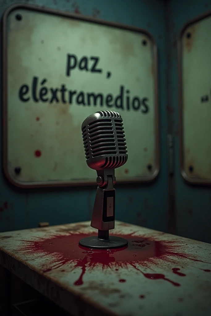 Make a dark room with a lamp above making it throw light towards the floor, the light reveals a microphone, from the microphone behind the microphone there are books, skulls and fog. Also behind the microphone is the title of "Sound Chills" and add more fog, the title that is in Spanish
