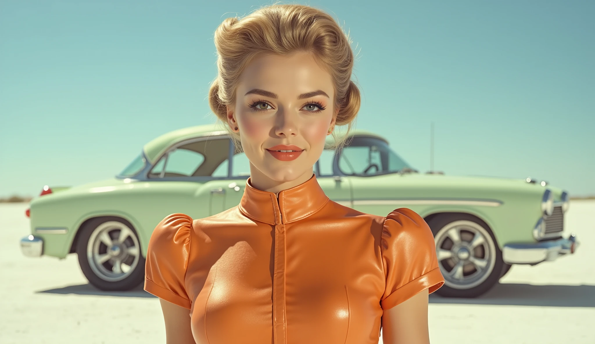 Mid-shot of a woman in her twenties with a light skin tone and classic 50s updo, wearing a skin-tight, metallic orange jumpsuit with a high collar and puffed shoulders. Her makeup includes peach blush and thick black eyeliner. She has a subtle smile, and her gaze is focused slightly left of the camera. Behind her, a pale green futuristic vehicle with oversized circular headlights sits parked on a salt-flat landscape. The background is minimal and pastel-toned. The lighting is crisp, casting soft shadows.
